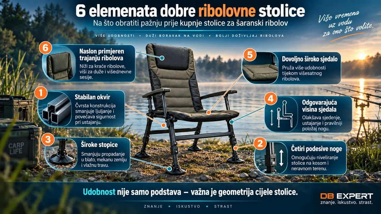 Infografika prikazuje 6 elemenata dobre ribolovne stolice: stabilan okvir, podesive noge, široke stopice, odgovarajuću visinu i širinu sjedala te naslon.