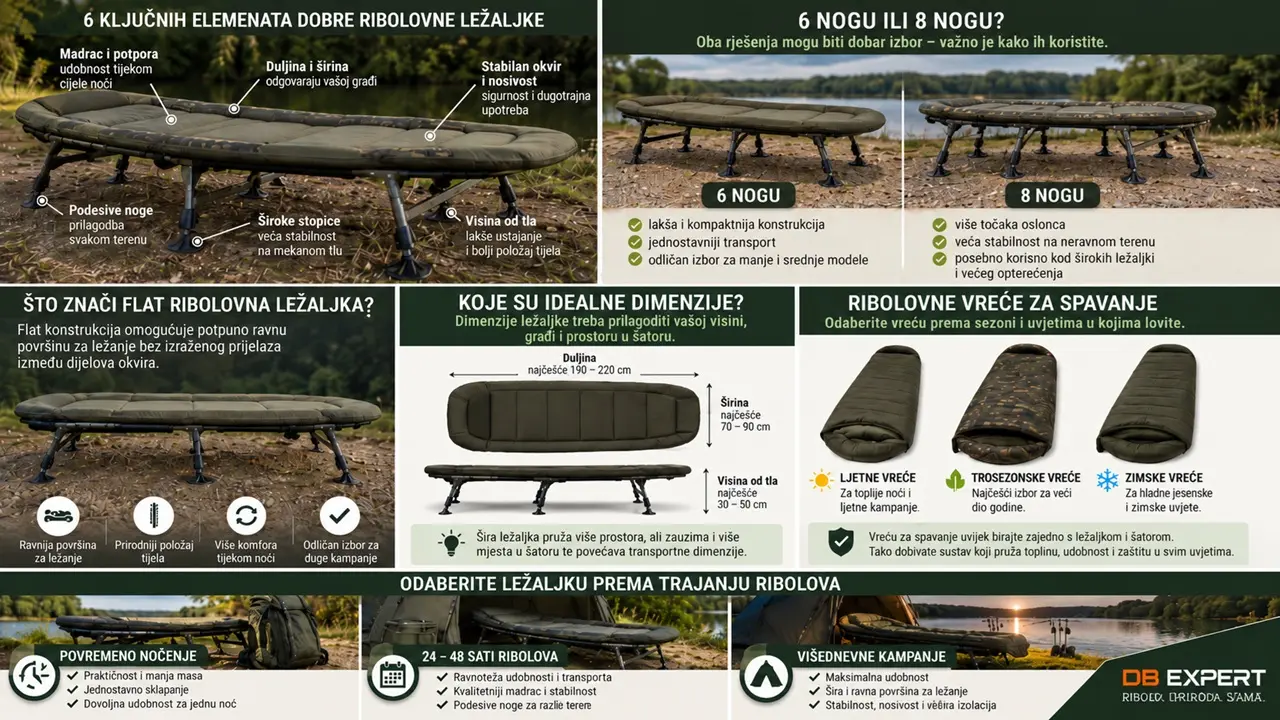 Infografika prikazuje šest ključnih elemenata dobre ribolovne ležaljke: dimenzije ležišta, madrac i potporu, visinu od tla, podesive noge, široke stopice i nosivost konstrukcije.