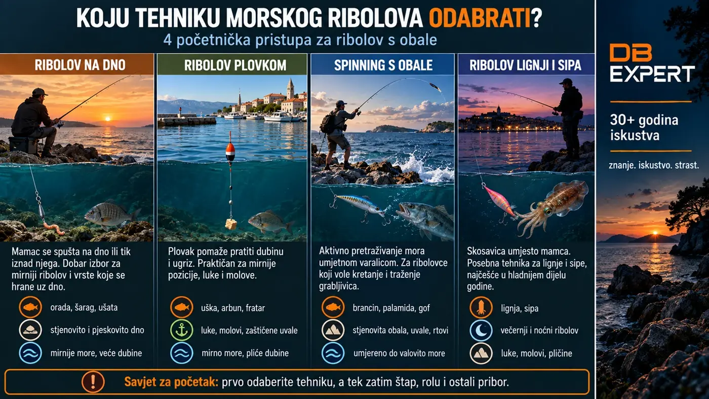 Infografika uspoređuje ribolov na dno, ribolov plovkom, spinning s obale te ribolov lignji i sipa kako bi početnik lakše odabrao tehniku morskog ribolova.