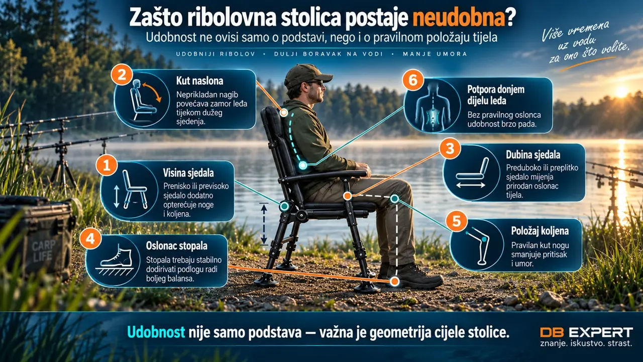 Infografika prikazuje kako visina i dubina sjedala, kut naslona, položaj koljena, oslonac stopala i potpora leđima utječu na udobnost ribolovne stolice.