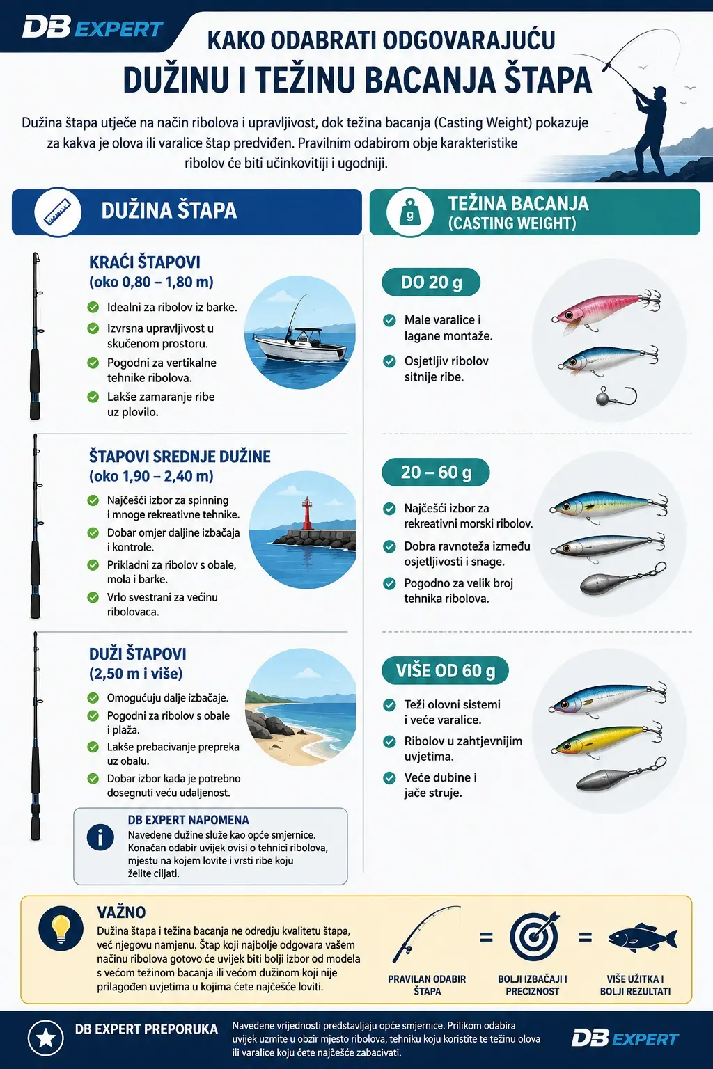DB EXPERT infografika koja objašnjava kako odabrati odgovarajuću dužinu štapa i težinu bacanja (casting weight) za morski ribolov prema načinu ribolova i uvjetima na moru.