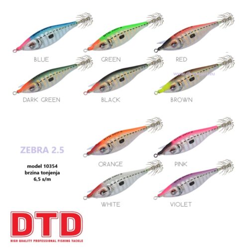 DTD Zebra 2.5 je fosforna skosavica (egi jig / bukva) novog modela za 2025./2026. godinu koja instantno privlači lignje i sipe u uvjetima slabog osvjetljenja