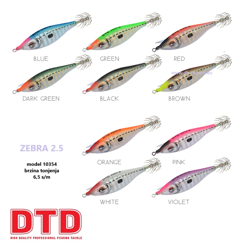 DTD Zebra 2.5 je fosforna skosavica (egi jig / bukva) novog modela za 2025./2026. godinu koja instantno privlači lignje i sipe u uvjetima slabog osvjetljenja