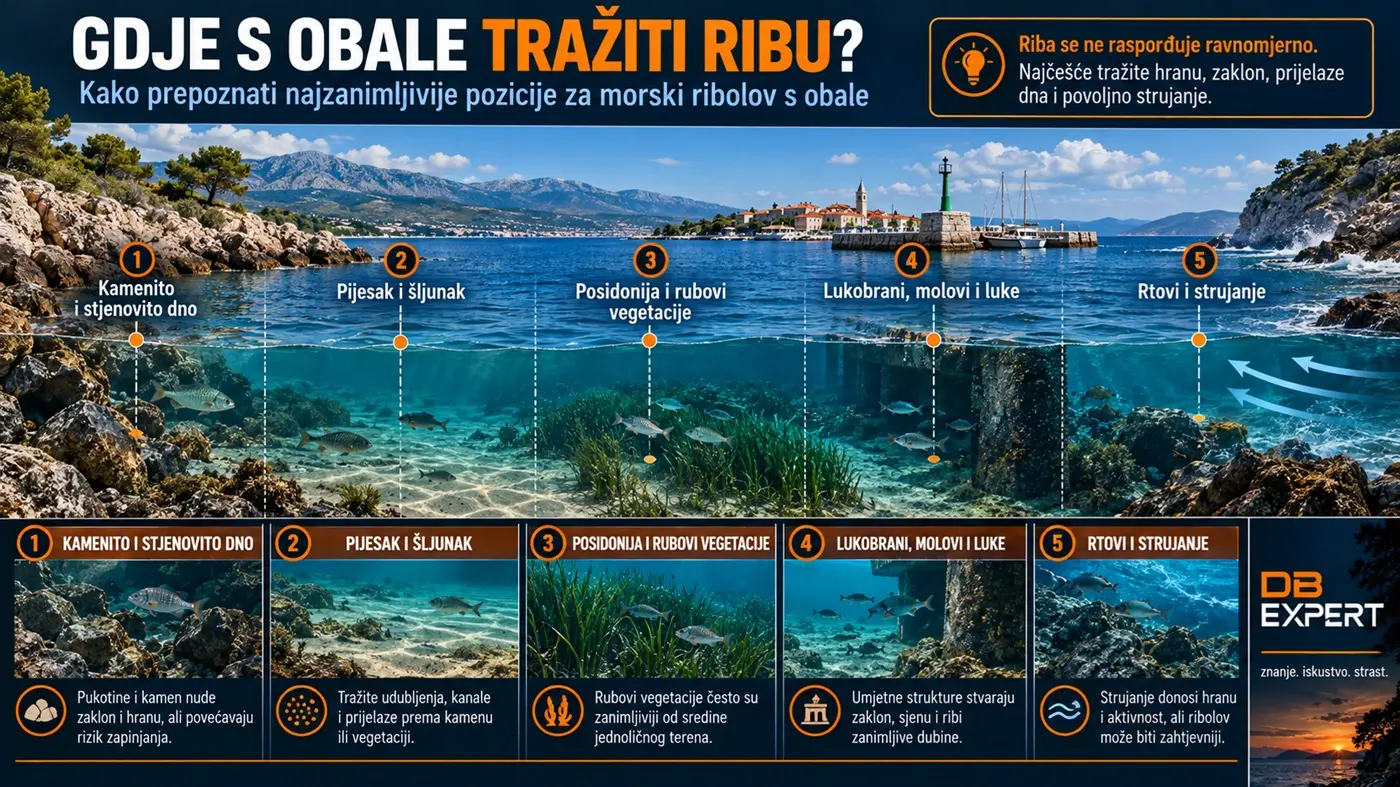 Infografika prikazuje gdje s morske obale tražiti ribu: kamenito dno, pijesak i šljunak, rubove posidonije, lukobrane i molove te rtove s jačim strujanjem.