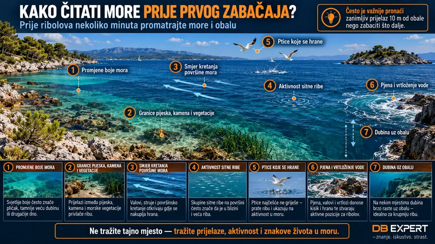 Infografika prikazuje kako čitati more prije prvog zabačaja kroz promjene boje mora, prijelaze dna, strujanje, aktivnost sitne ribe, ptice, pjenu i dubinu uz obalu.