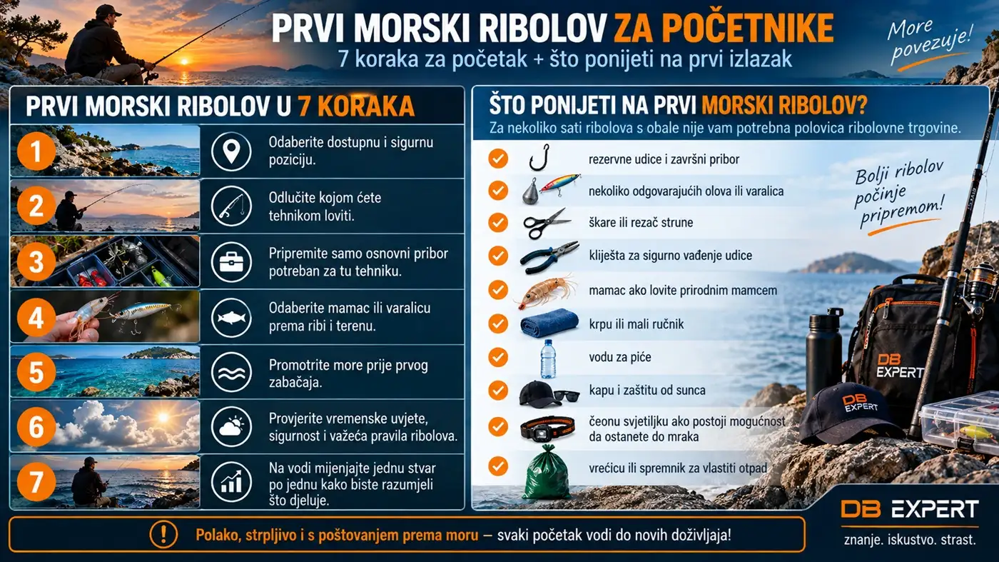 Infografika prikazuje prvi morski ribolov u 7 koraka te popis osnovne opreme i pribora koje je korisno ponijeti na prvi izlazak na more.