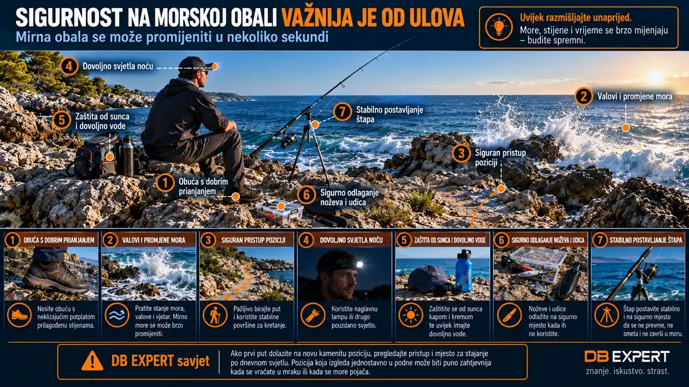 Infografika prikazuje najvažnije sigurnosne mjere pri morskom ribolovu s obale, uključujući obuću s dobrim prianjanjem, praćenje valova, siguran pristup poziciji, rasvjetu, zaštitu od sunca, sigurno odlaganje oštrog pribora i stabilno postavljanje štapa.