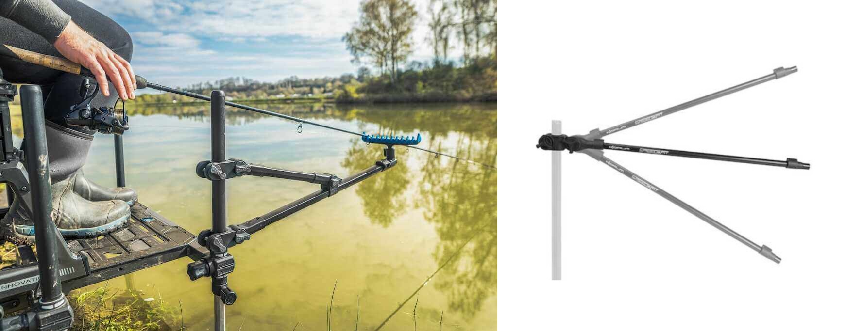 Feeder arm držač za feeder štap montiran na ribolovnu stolicu uz jezero, s podesivim teleskopskim krakovima za precizno postavljanje štapa u feeder ribolovu