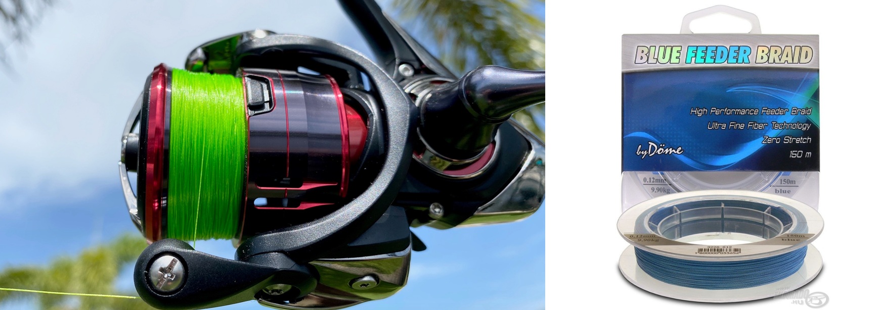 Feeder rola sa zelenom upredenicom (braid) na špuli i Blue Feeder Braid pakiranje, feeder struna za veliku osjetljivost, daleki zabačaj i feeder ribolov na moru, rijekama i jezerima