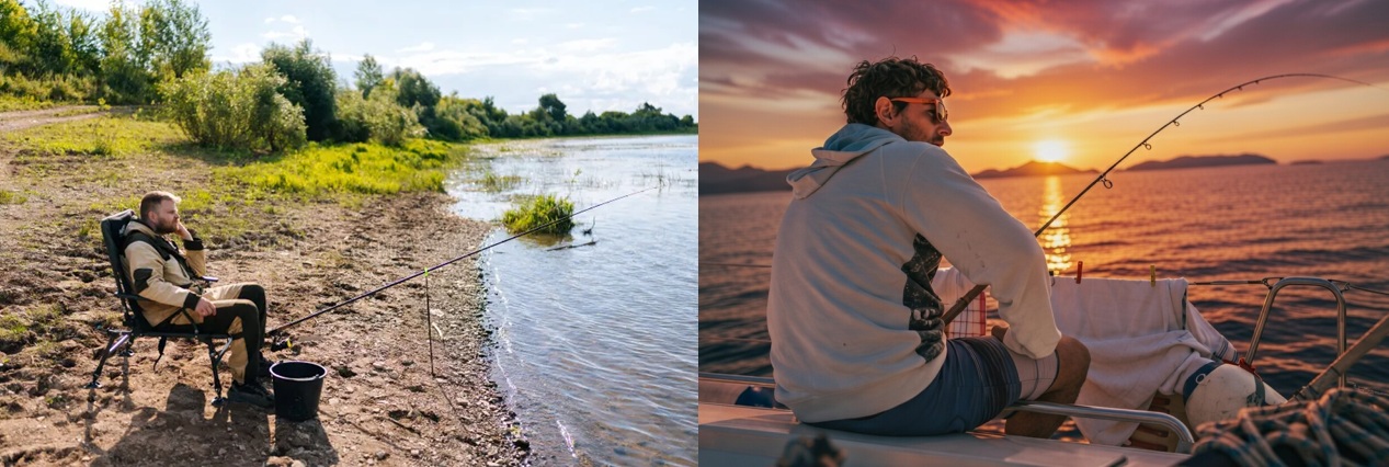 Ribolovci na rijeci i moru tijekom zalaska sunca – opuštanje, mir i terapija u prirodi kroz ribolov