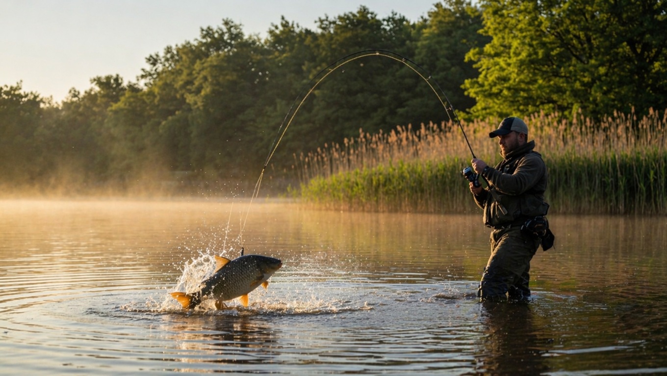 Ribolovac u akciji tijekom feeder ribolova – snažan ugriz šarana na jezeru