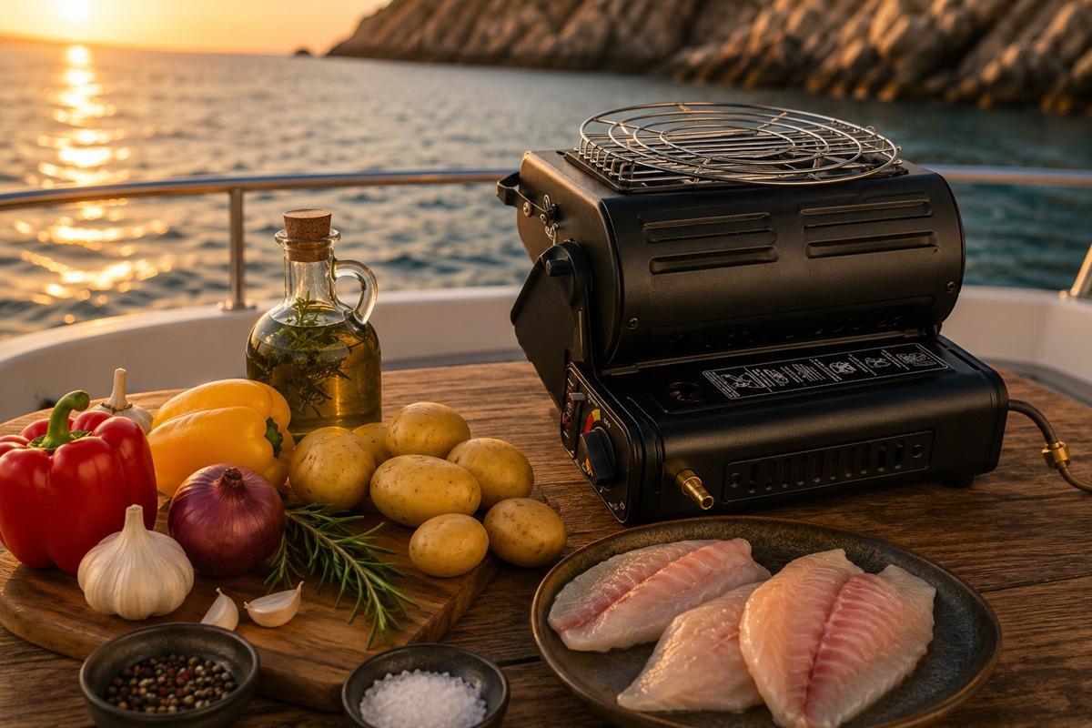 Plinsko kuhalo na brodu uz svježu ribu, povrće i sastojke za mediteransku večeru na moru