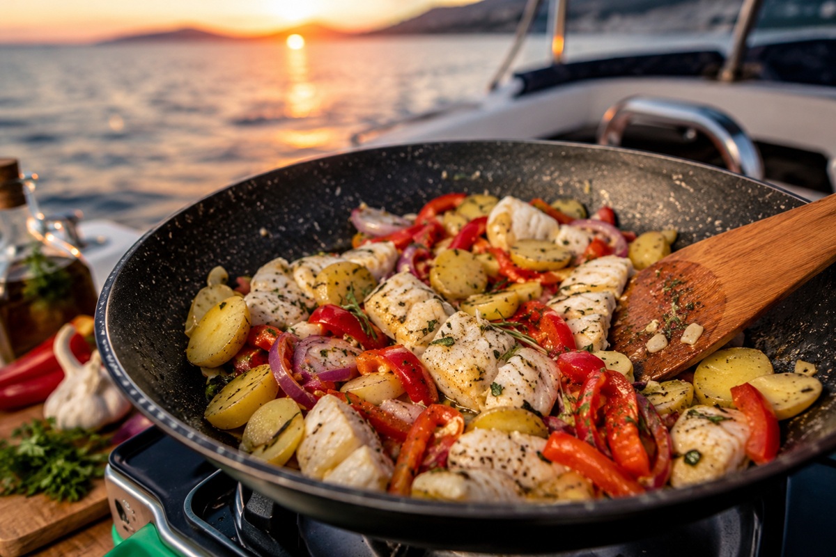 Priprema mediteranske večere s ribom, krumpirom i povrćem u woku na brodu tijekom zalaska sunca na moru