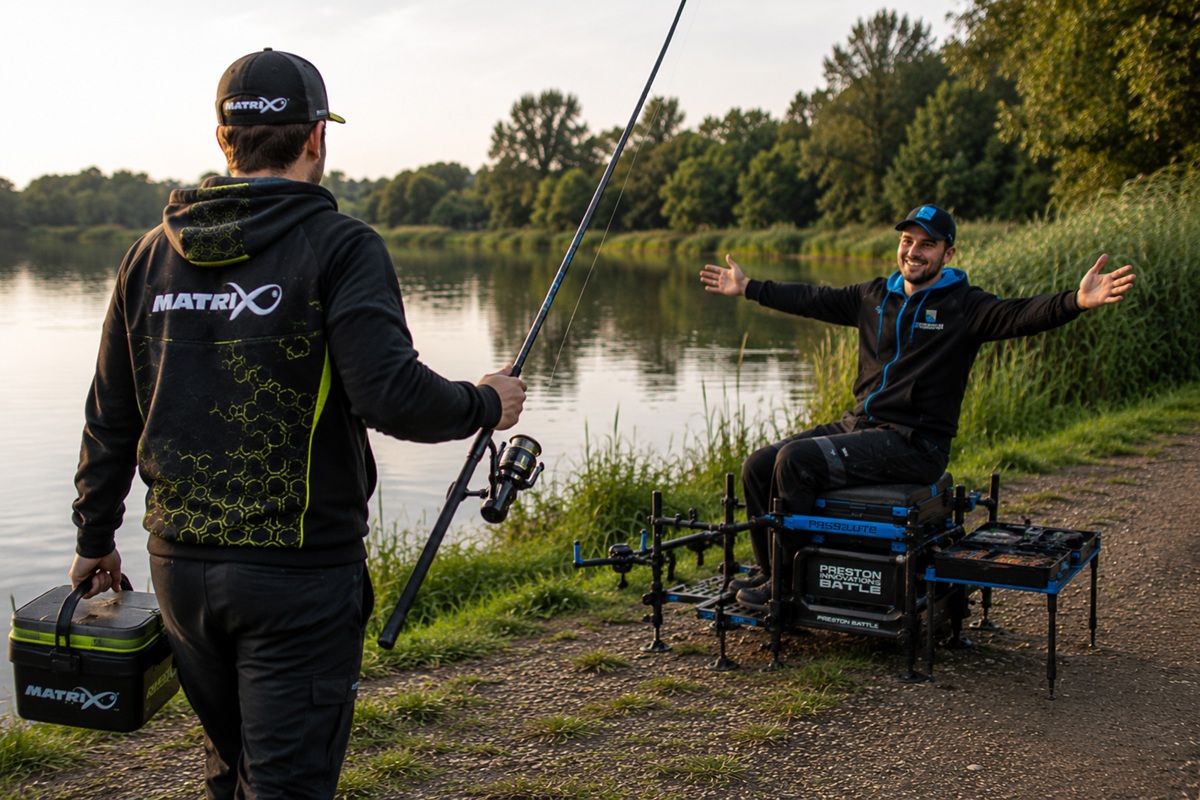 Dva feeder ribolovca uz jezero, jedan dolazi s Matrix opremom i feeder štapom, dok ga drugi dočekuje na Preston feeder stolici uz ribolovnu poziciju