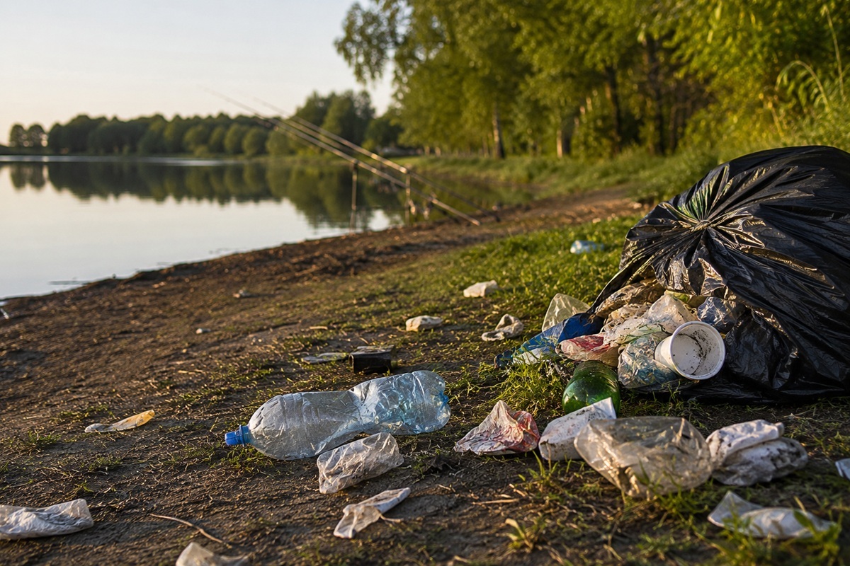 Smeće, plastične boce i otpad ostavljeni na obali jezera uz ribolovnu poziciju