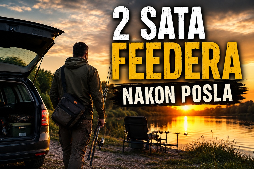 Ribolovac dolazi na večernju feeder sesiju nakon posla uz jezero tijekom zalaska sunca s feeder štapovima i opremom za ribolov