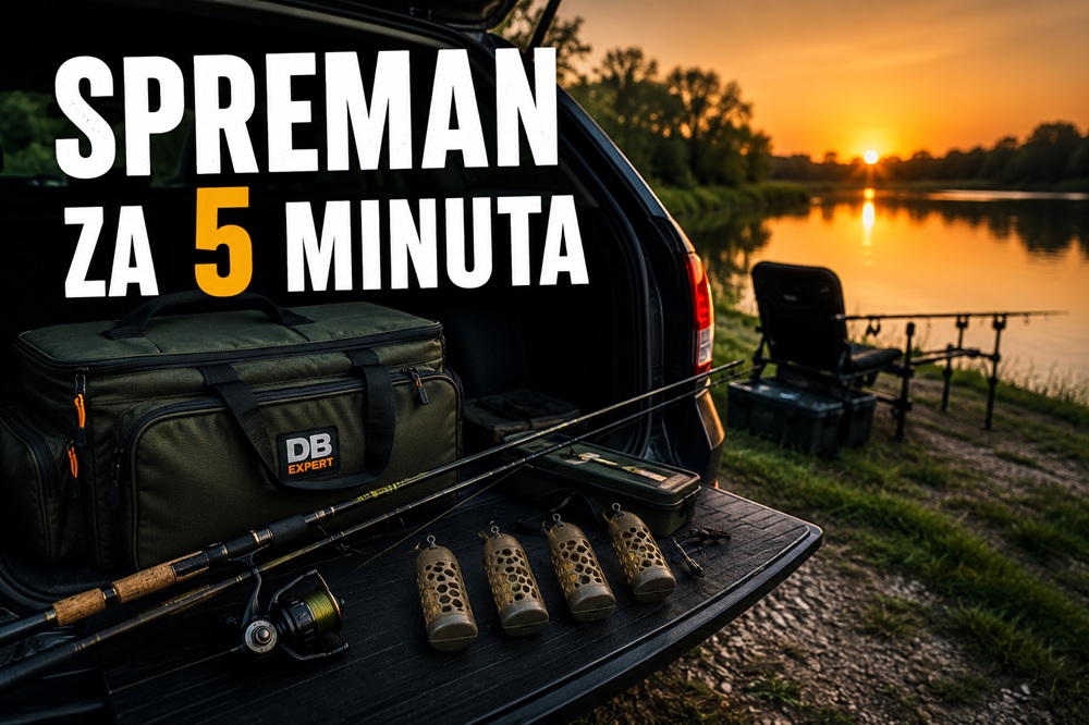 Feeder oprema složena u gepeku automobila za brzu dvosatnu feeder sesiju nakon posla uz jezero tijekom zalaska sunca
