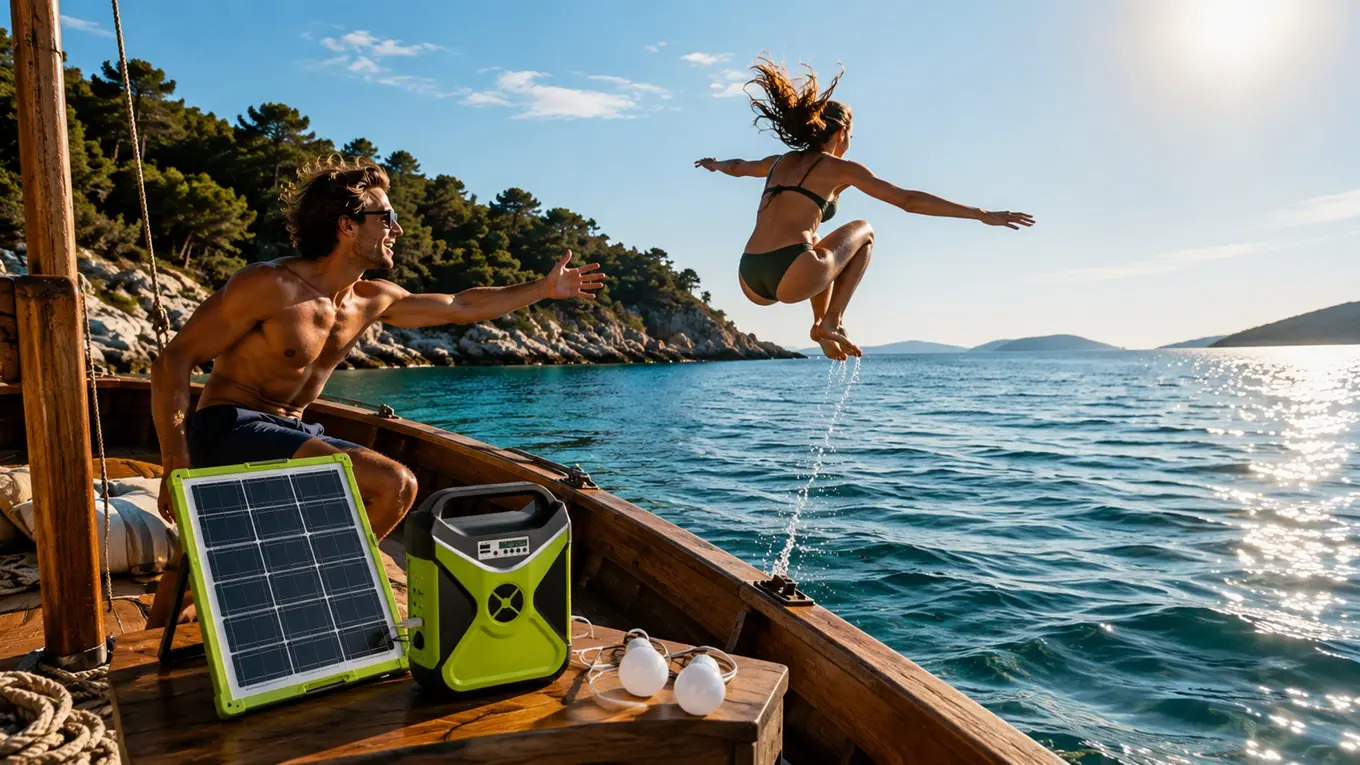 GREEN TECH SPS-300 solarni prijenosni set na barci tijekom ljetnog dana dok vlasnici uživaju u kupanju, a solarni panel prikuplja sunčevu energiju za rasvjetu, FM radio, Bluetooth zvučnik i punjenje mobitela.