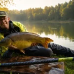 Natjecateljski ribolovac s velikim šaranom i Matrix Torque Carp X Power štekom od 11,5 metara