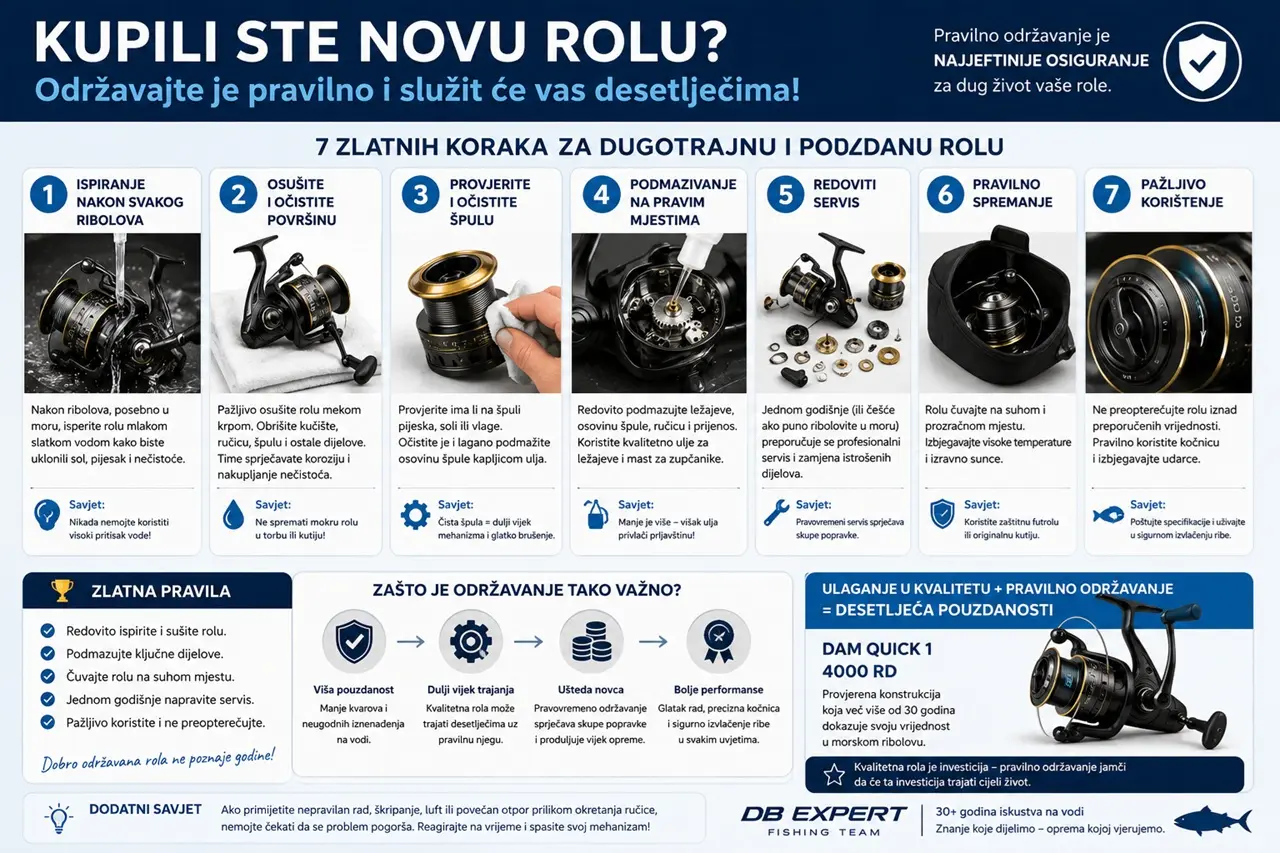 Infografika s praktičnim vodičem za pravilno održavanje ribolovne role nakon kupnje, uključujući ispiranje nakon ribolova, čišćenje, podmazivanje, redoviti servis, pravilno skladištenje i savjete za dugotrajan i pouzdan rad role.