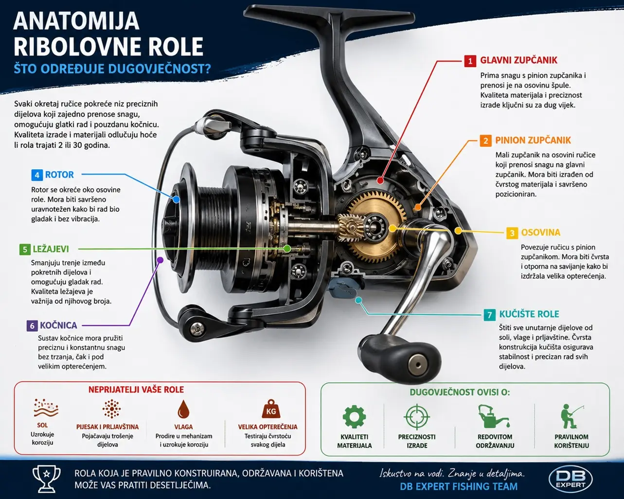 Infografika koja prikazuje anatomiju ribolovne role s označenim glavnim zupčanikom, pinion zupčanikom, ležajevima, rotorom, špulom i kočnicom te objašnjava kako kvaliteta konstrukcije utječe na dugovječnost role.