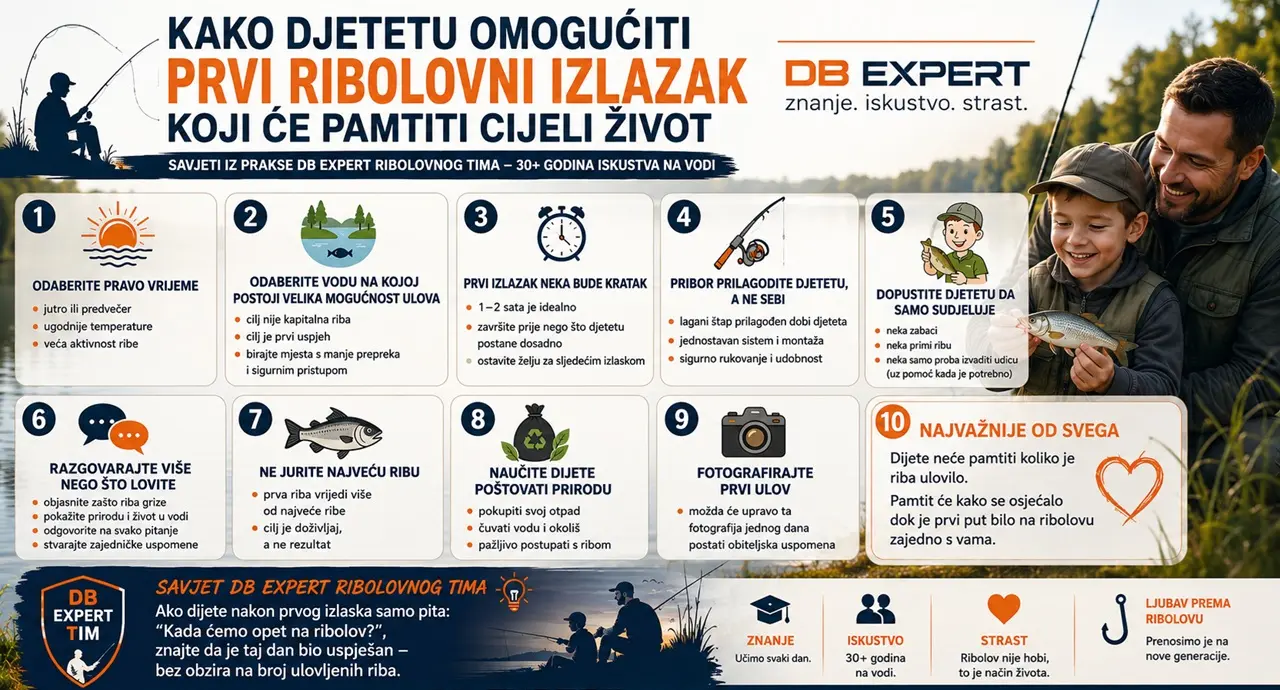 Infografika: Kako djetetu omogućiti prvi ribolovni izlazak koji će pamtiti cijeli život – savjeti DB EXPERT ribolovnog tima za odabir mjesta, vremena, pribora i razvoj dječjih vještina kroz ribolov.