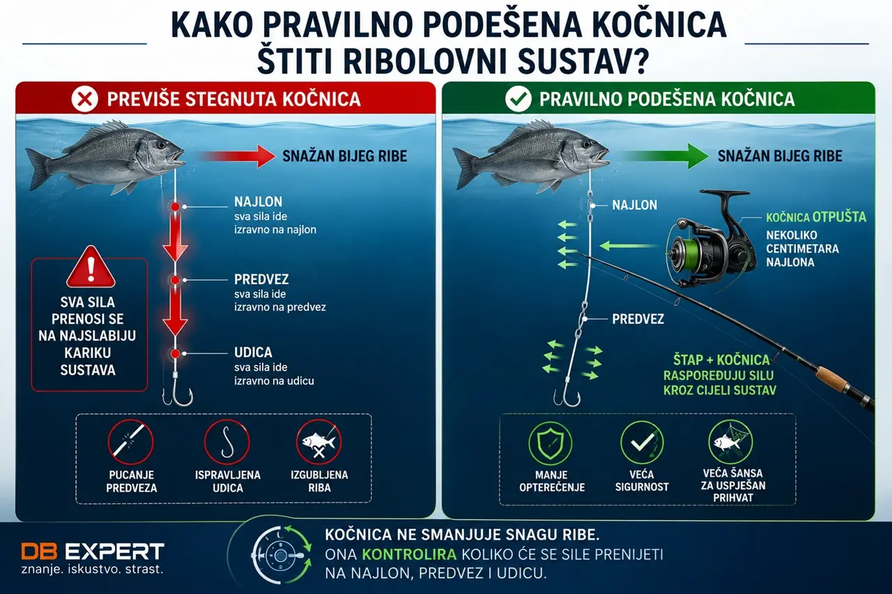 Infografika koja uspoređuje previše stegnutu i pravilno podešenu kočnicu ribolovne role te prikazuje kako pravilno podešena kočnica raspoređuje silu kroz ribolovni sustav i smanjuje mogućnost pucanja predveza ili gubitka ribe.