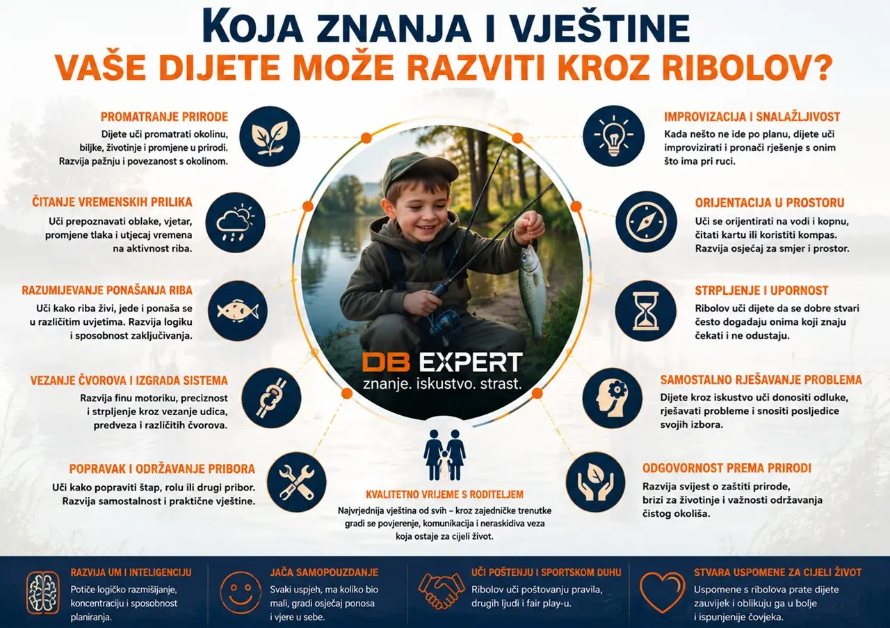 Infografika koja prikazuje koja znanja i životne vještine dijete razvija kroz ribolov – promatranje prirode, čitanje vremena, vezanje čvorova, strpljenje, samostalno rješavanje problema i kvalitetno vrijeme provedeno s roditeljima