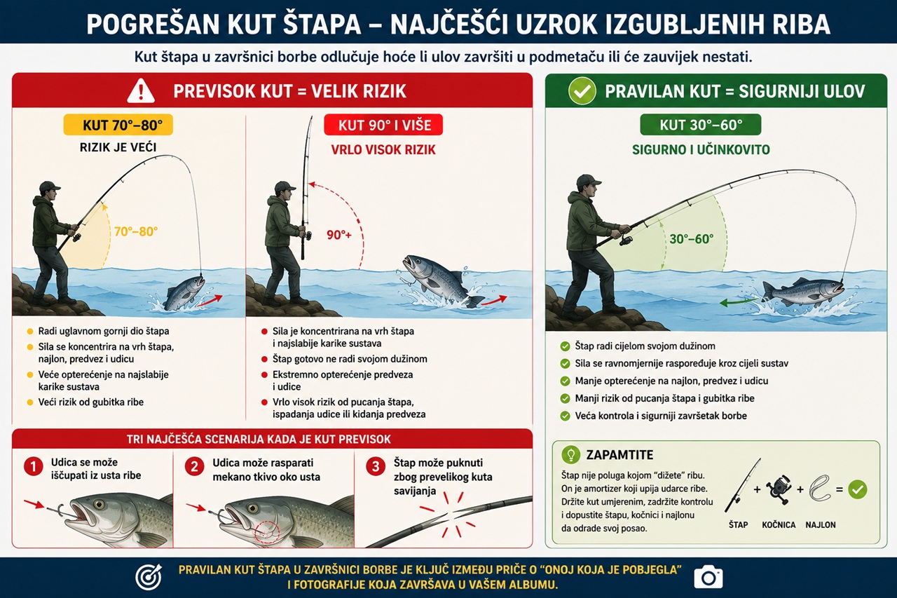 Infografika koja prikazuje kako pogrešan kut ribolovnog štapa tijekom završnice borbe povećava opterećenje na vrh štapa, najlon, predvez i udicu te povećava rizik od gubitka ribe ili pucanja štapa.