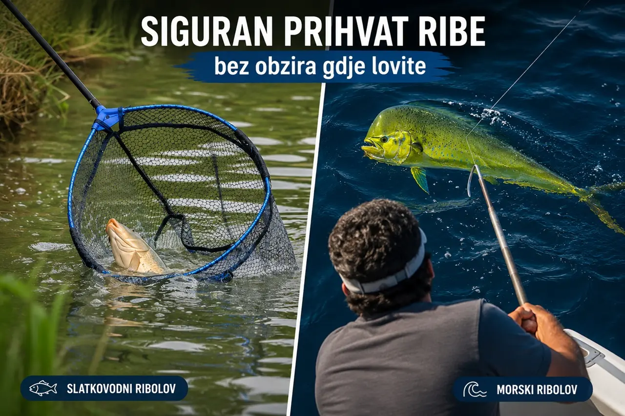 Fotografija koja prikazuje siguran prihvat ribe podmetačem u slatkovodnom ribolovu i gafom u morskom ribolovu, kao pravilno rješenje za završetak borbe bez dodatnog opterećenja ribolovnog sustava.