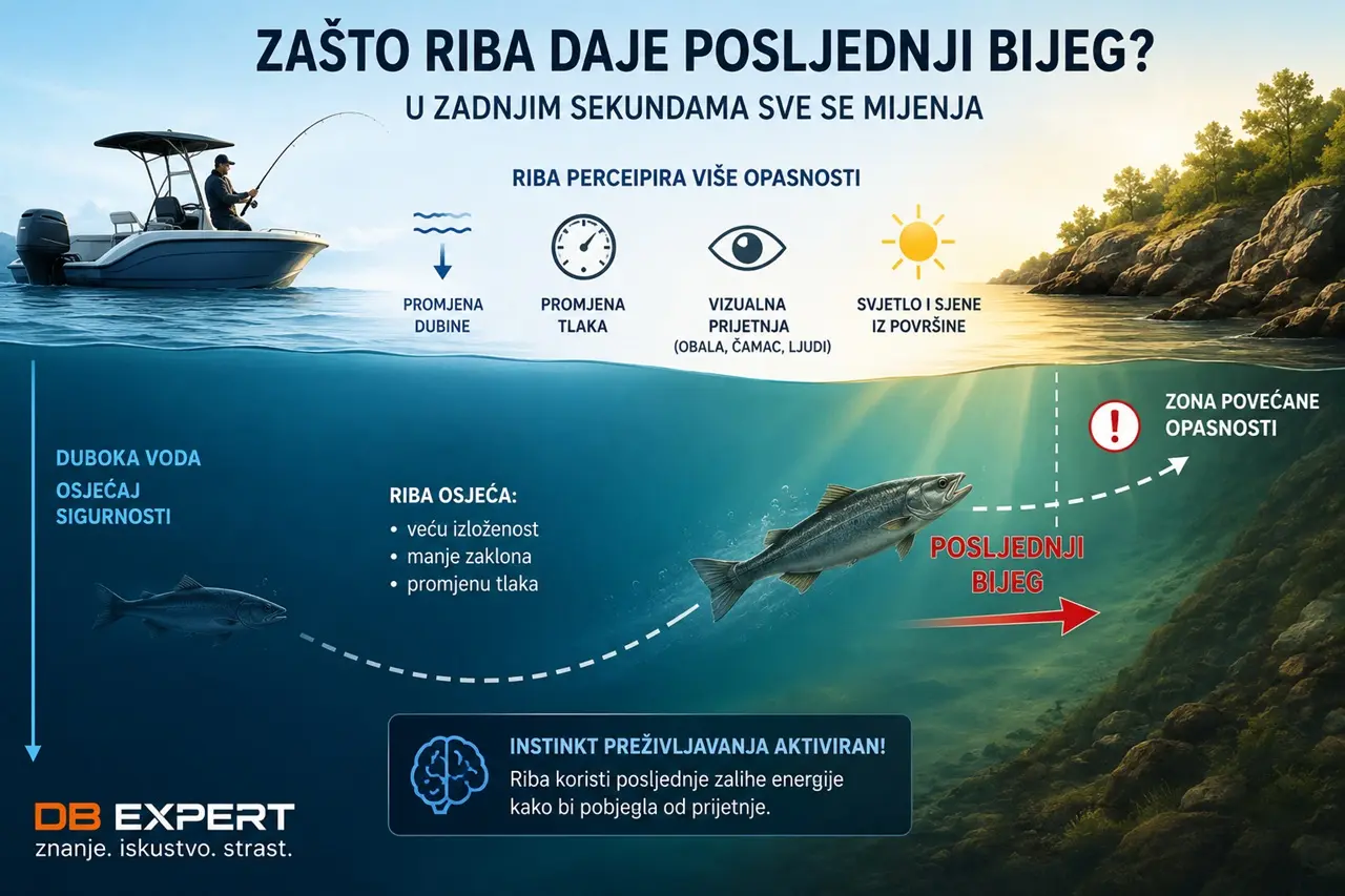 Infografika koja prikazuje zašto riba u posljednjim sekundama borbe daje snažan bijeg pri približavanju obali ili čamcu zbog instinkta preživljavanja, promjene dubine i povećane percepcije opasnosti.