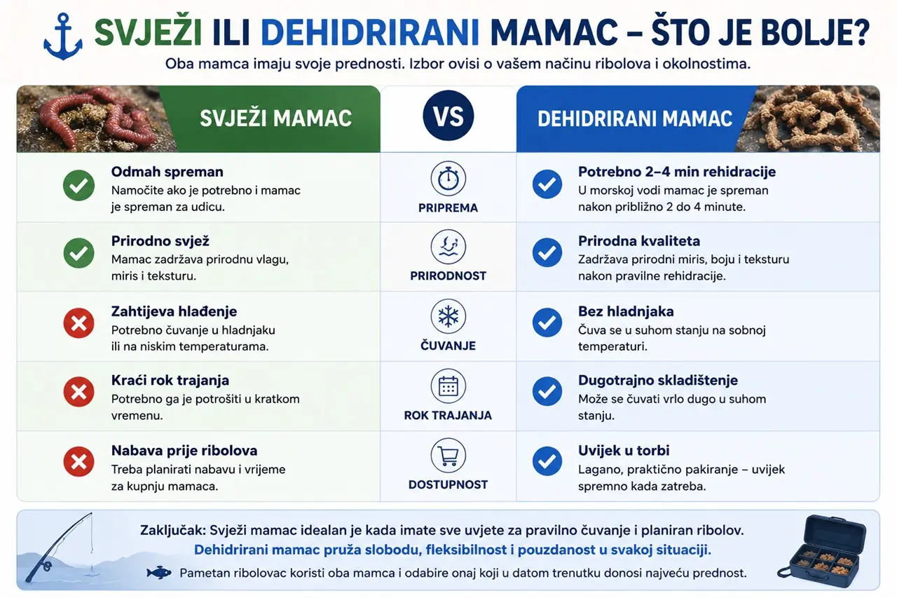 Infografika koja uspoređuje svježe i dehidrirane mamce za morski ribolov te prikazuje razlike u pripremi, čuvanju, transportu, roku trajanja i praktičnosti korištenja.