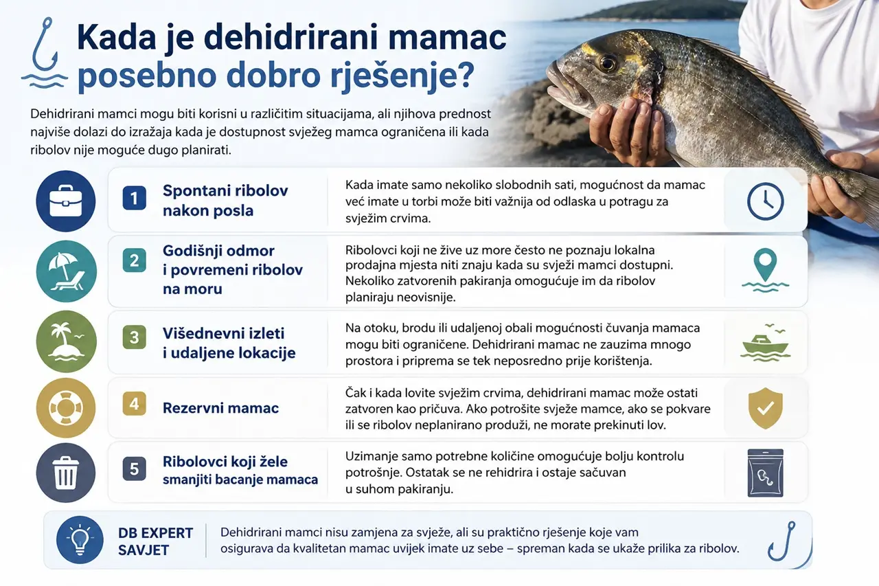 Infografika koja prikazuje kada su dehidrirani mamci najbolje rješenje za morski ribolov – spontani ribolov, godišnji odmor, višednevni izleti, pričuvni mamac i smanjenje bacanja mamaca.