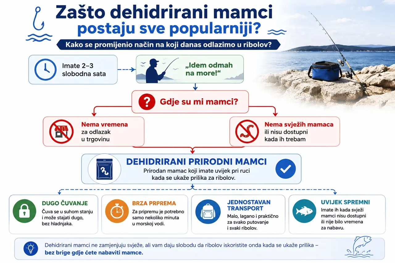 Infografika koja prikazuje zašto dehidrirani prirodni mamci postaju sve popularniji u morskom ribolovu zbog spontanih odlazaka na more, jednostavnog čuvanja, brzog pripremanja i lakog transporta.