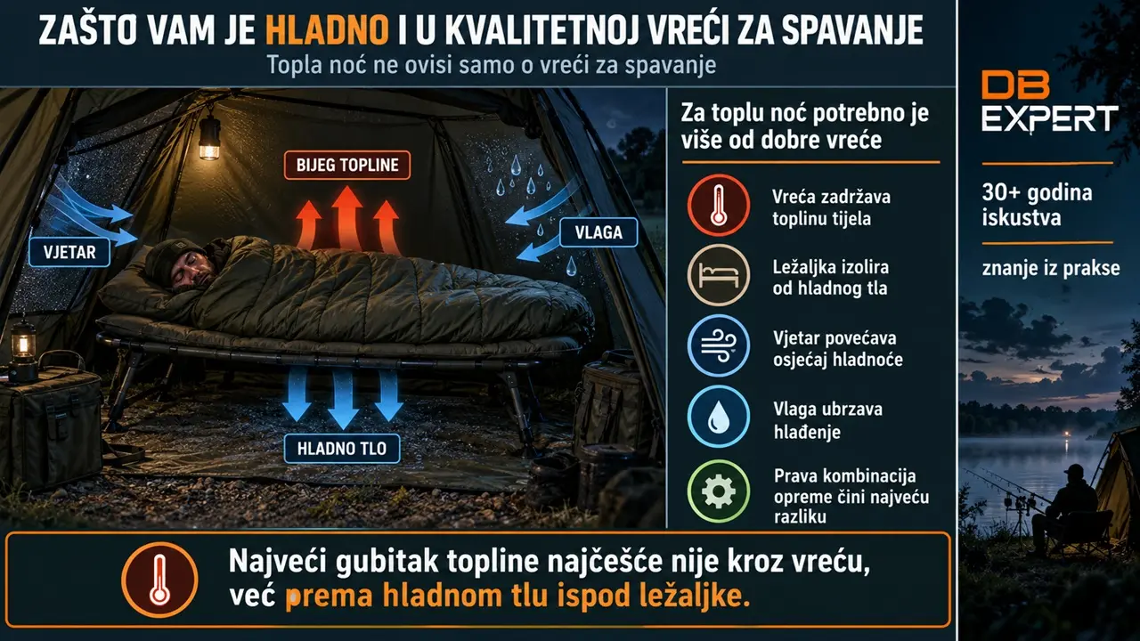 Infografika koja objašnjava sinergiju vreće za spavanje i ležaljke za šaranski ribolov