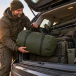 ribolovac sprema vreću za spavanje i kamp opremu u automobil prije odlaska na višednevni šaranski ribolov.