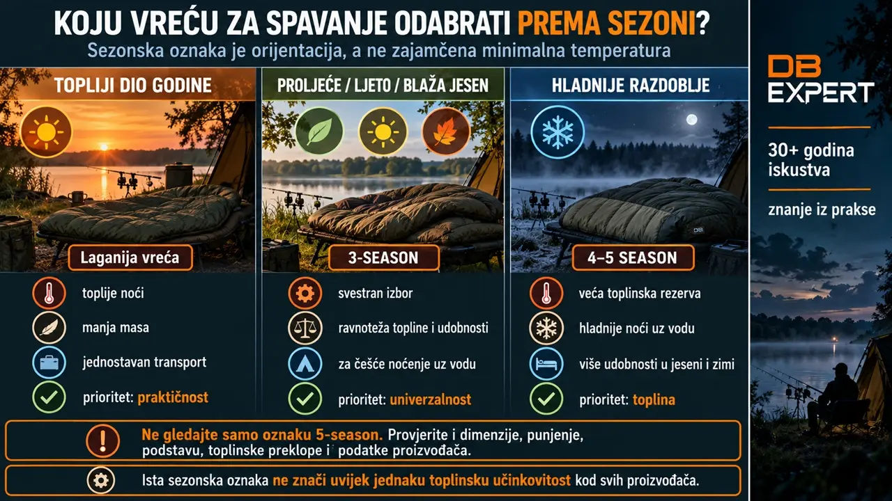 Infografika prikazuje koju vreću za spavanje odabrati prema sezoni – laganiju vreću za topliji dio godine, 3-season za proljeće, ljeto i blažu jesen te 4–5 season za hladnije uvjete.